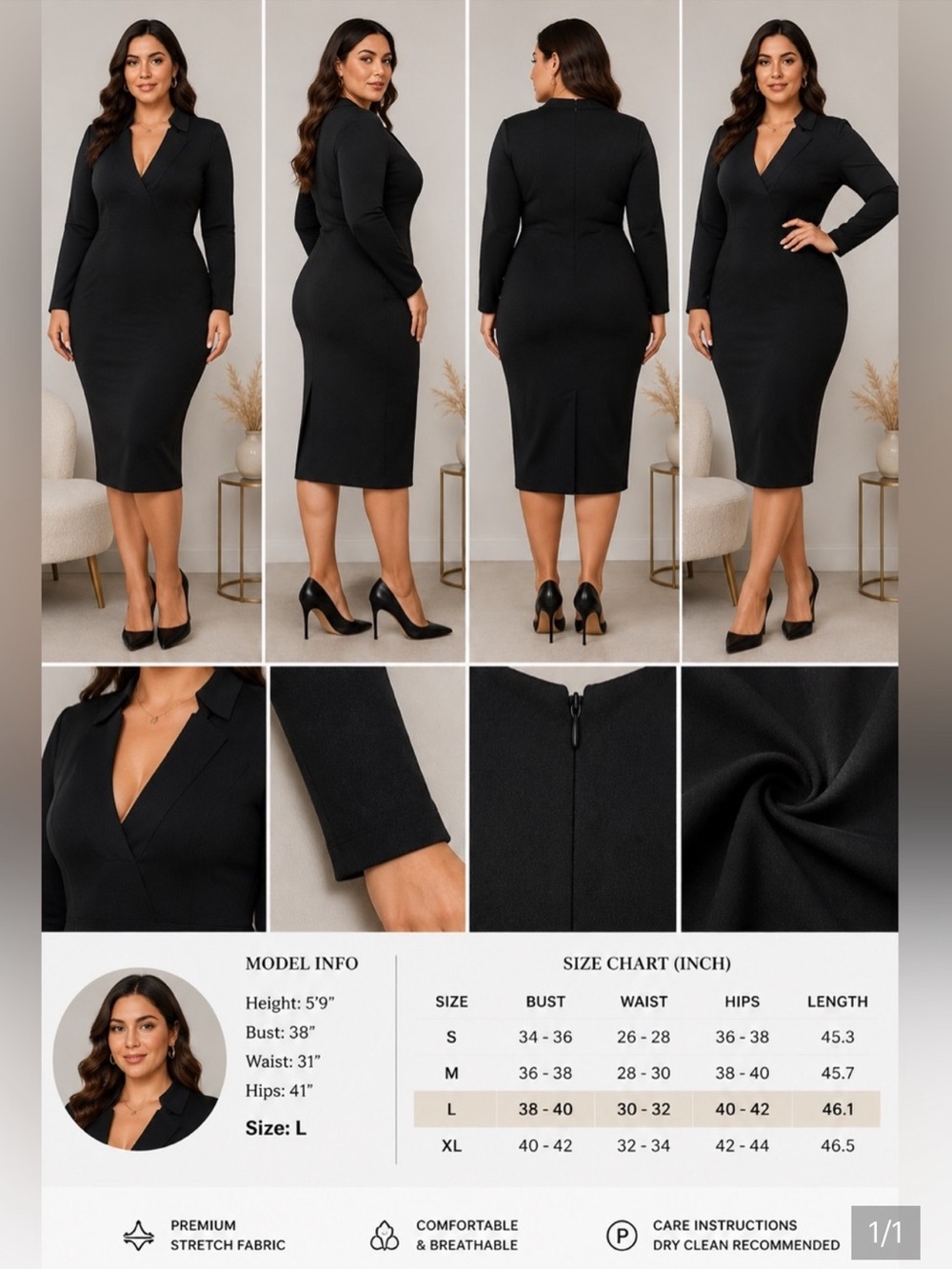 Elegant Black Long Sleeve Midi Dress Size L | Deep V Neck Bodycon Cocktail Dress